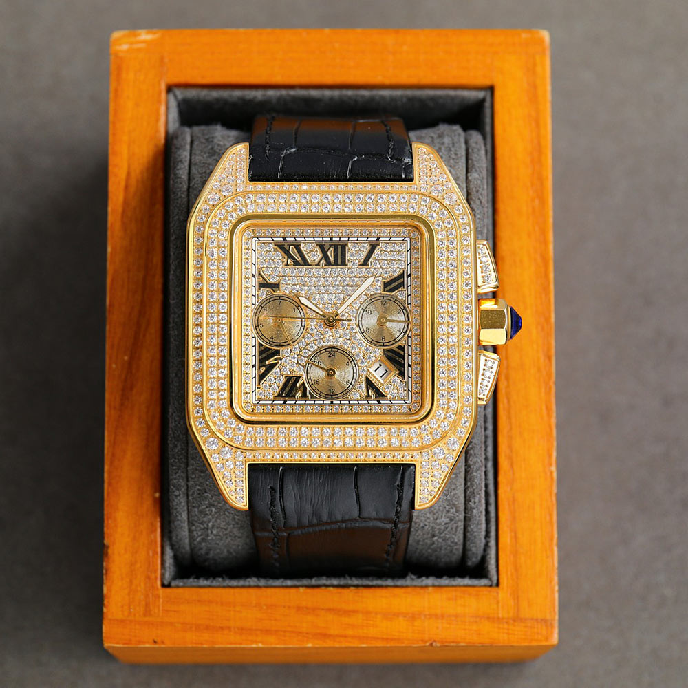 

Mens Watch Automatic Mechanical 9100 Movement Watches 42mm Inlaid With Rhinestones Waterproof Cowhide Strap Montre de Luxe, Colour 2