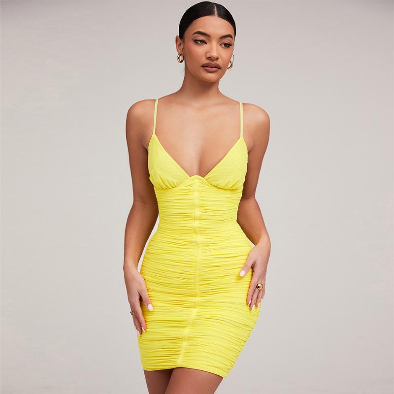 

Casual Dresses Adyce Summer Mini Spaghetti Strap Bandage Dress Women Sexy V Neck Lace Yellow Sheath Club Celebrity Evening Party 2022, Yellow bangdae dress