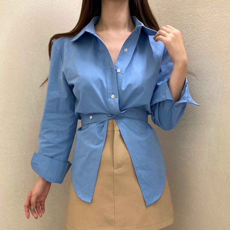 

Women's Blouses Korean Fashion Office Shirt Woman OL High Waist Lace-up Long Sleeve Solid Color Turn Down Collar Shirts Female Drop, Blue