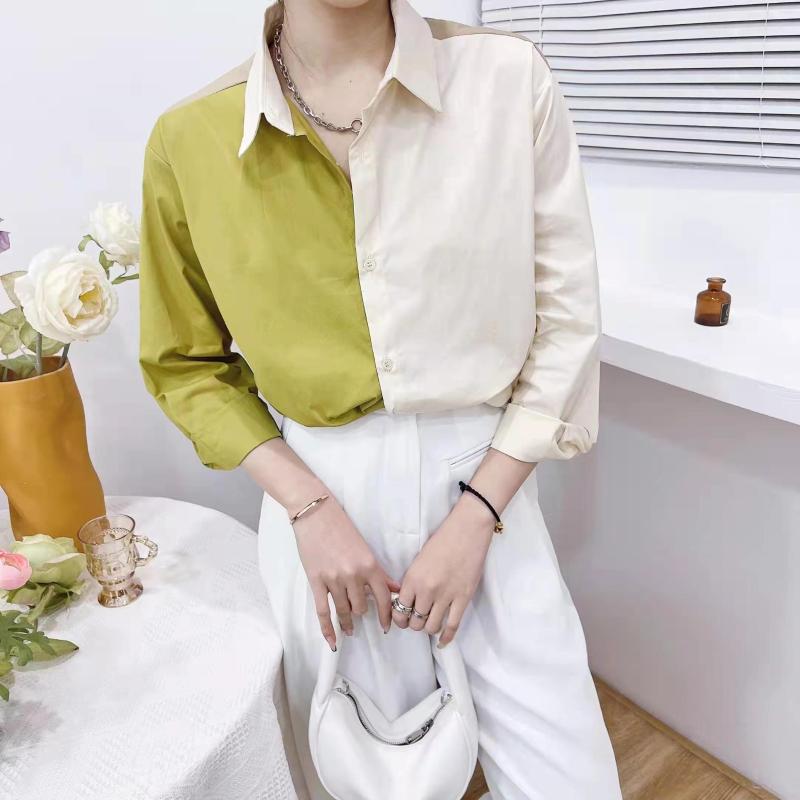 

Women's Blouses Contrast Color Stitching Shirt Women Spring Elegant Chic Long Sleeved Top Blusas Mujer De Moda 2022 Verano Elegantes, Green