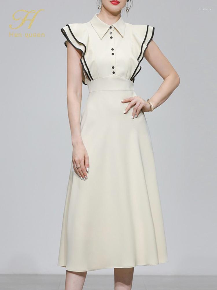 

Party Dresses H Han Queen 2022 Korean Elegant High Waist Office Dress Women Simple Basic Summer Mid-Calf A-Line Casual Vestidos, Apricot