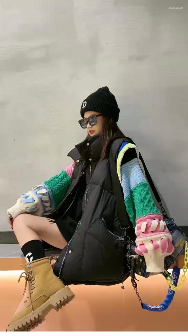 

Women' Vests Patchwork Knitted Sleeveless Wadded Jacket Mid-long Autumn Winter Solid Stand Collar Waistcoat Women White Duck Down Vest Coat, White down vest