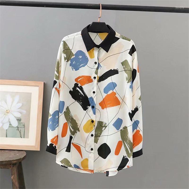 

Women's Blouses Women Spring Summer High-End Retro Chiffon Shirts Long Sleeve Polo-Neck Print Tops Blusas Fashion Mid-Length MM0487, White
