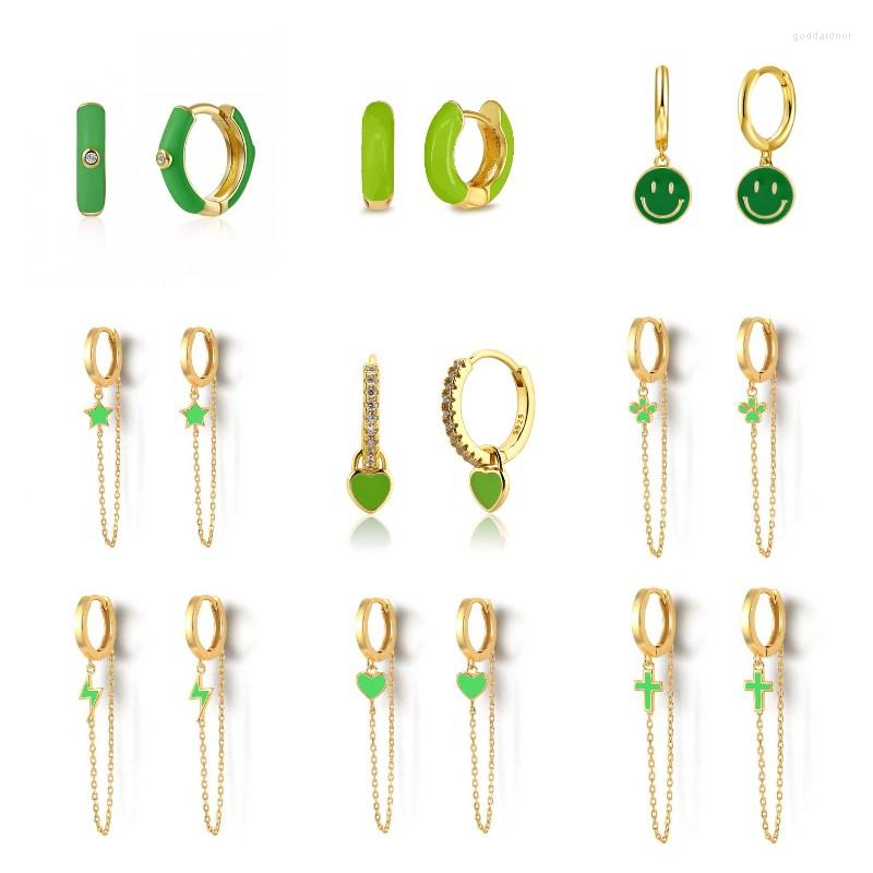 

Hoop Earrings Fresh Green Style Enamel Series Drop Earring For Women Chain Piercing Heart Cross Moon Pendientes Jewelry Accessories