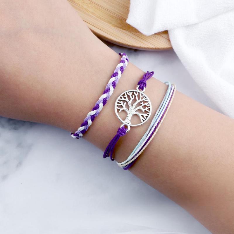

Strand Women Lucky Purple Rope Bracelets Charm Waterproof Wax String Bohemian Handmade Adjustable Tree Of Life Jewelry Gifts