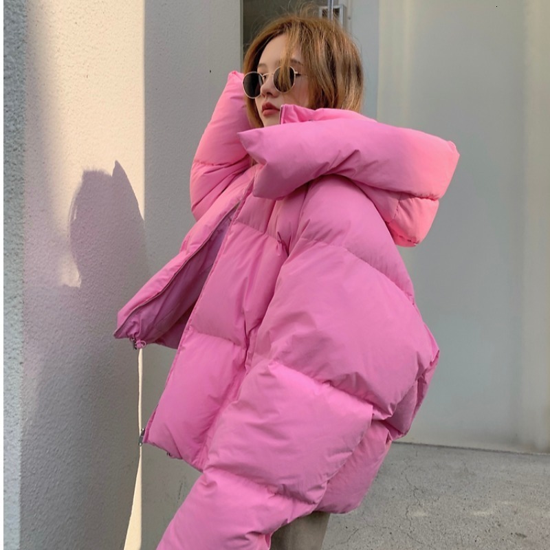 

Women  Down Parkas winter Korean style fluffy hooded bread down jacket women thick loose short 221208, Pink