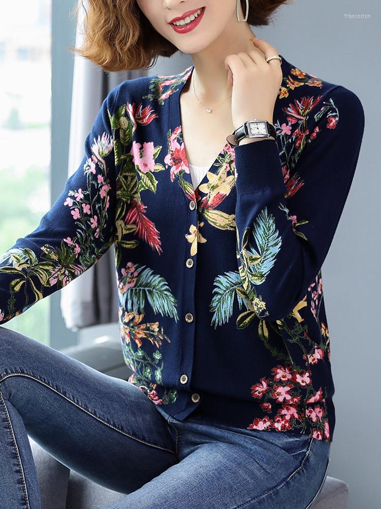 

Women's Knits Print Sweater Women Autumn Spring Casual V Neck Cardigan Outerwear High Quality Knitwear Single-breasted Cardigans, Black