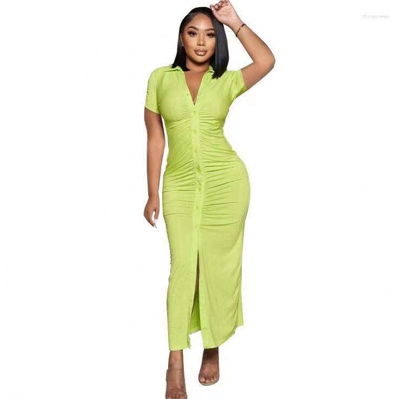 

Party Dresses Skinny Long Dress Sexy African Summer Suit For Women Boho Solid Color Package Hip Lapel Short Sleeve Casual Clothing, Orange