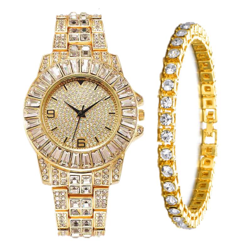 

Wristwatches 2pcs/set Iced Out Watch Tennis Bracelet For Men Women Luxury Cool Hip Hop Gold Mens Set Clock Watches Religio Masculino, B two pcs sliver