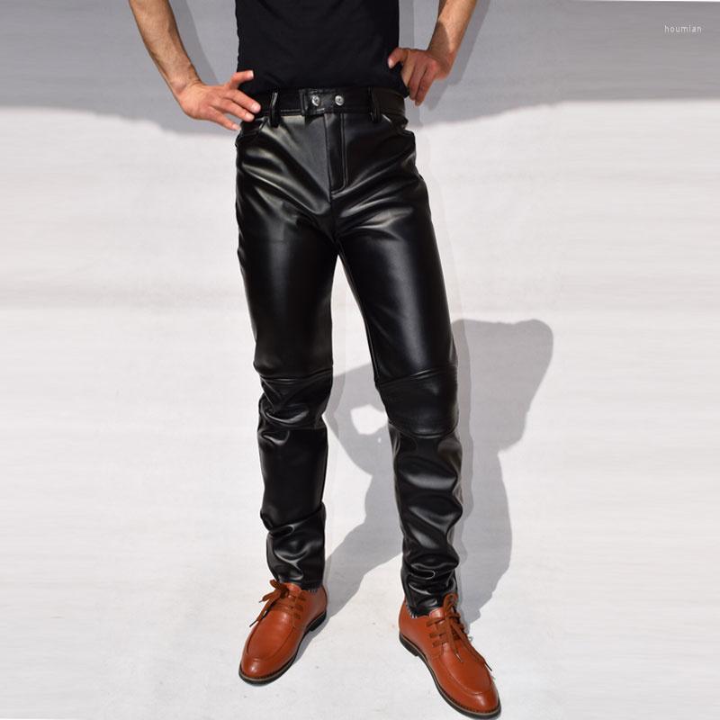 

Men's Pants Velvet Patchwork Motorcycle Faux Leather Men Casual Trousers Pu Feet For Fashion Slim Pantalon Homme Black