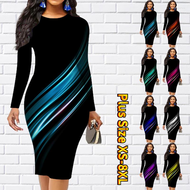 

Casual Dresses Women Abstract Printing Knee-length Skirt Simple Style Tight Midi Autumn Winter Round Collar Dress Long Sleeve, Blue
