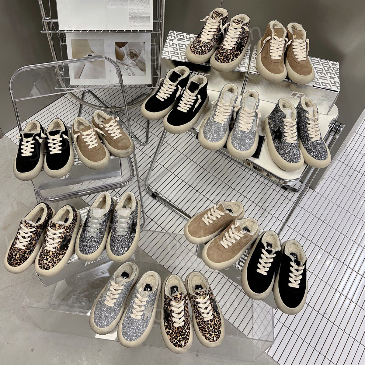 

New Casual Shoes Ladies Sneakers Golden Gooses Italian Brand Luxury Silver Sequins Classic Design Leather Thick Bottom Brown Low Top Lace Up Factory Footwear35-40, Box