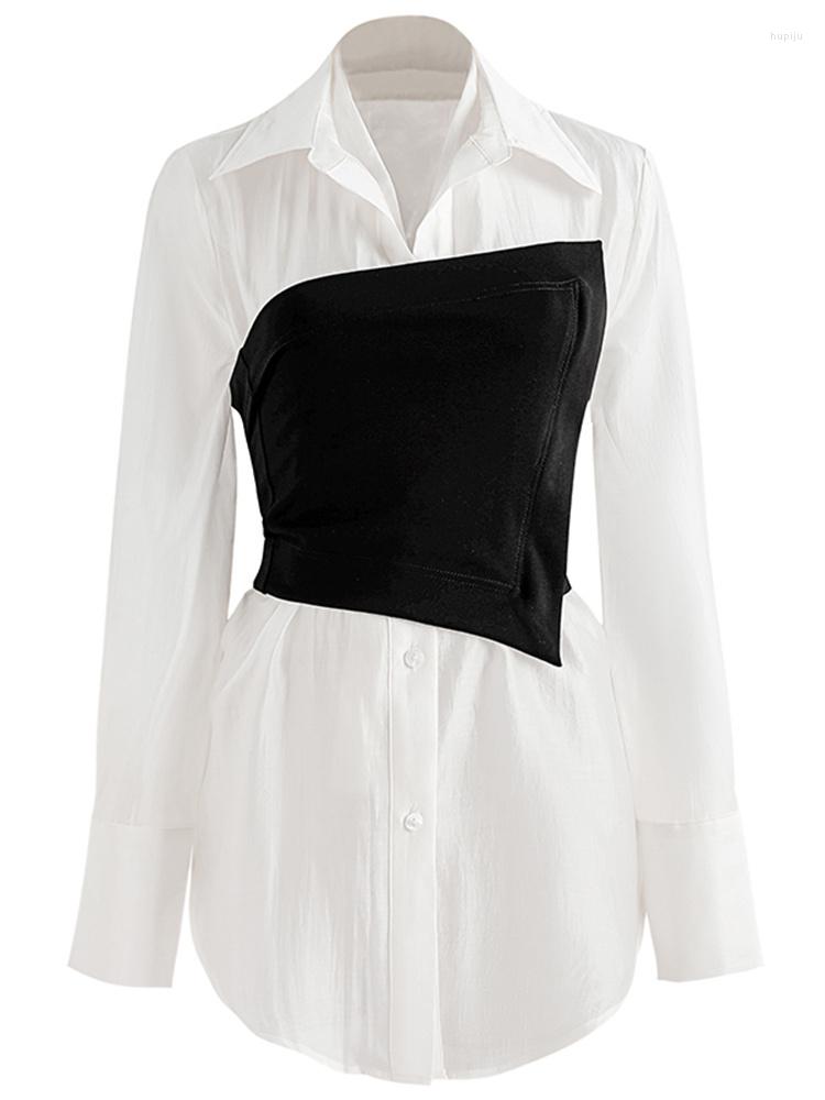 

Women' Blouses Solid Color Shirt For Women Lapel Collar Long Sleeves Slim Fit With Corset High Waist Shirts Female 2022 Autumn Womens Tops, White