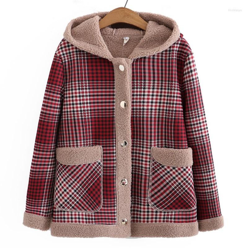 

Outerwear 4XL Plus Size Fleece Coat Women 2022 Autumn Winter Plaid Thick Casual Warm Hooded Outewear, Hooded red