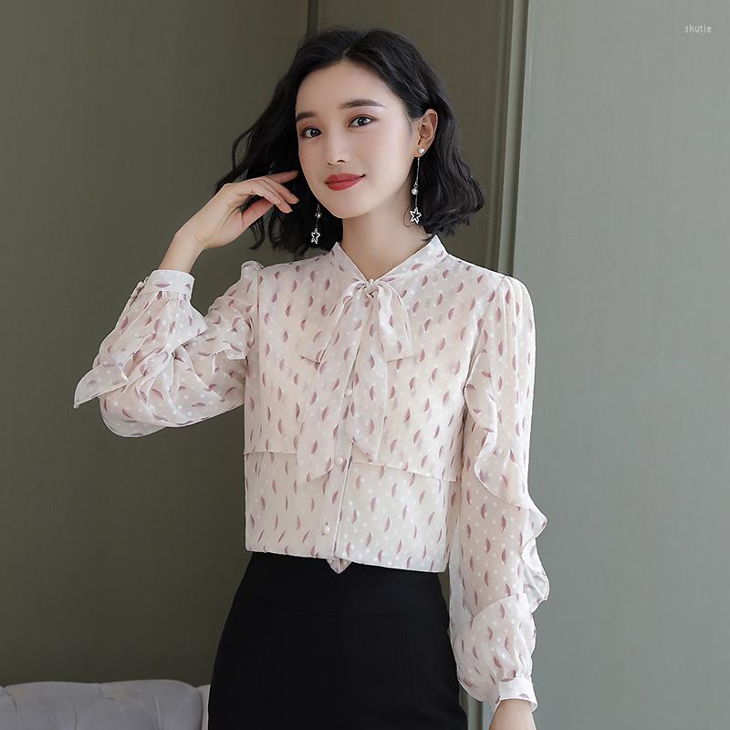 

Women' Blouses 2022 Spring Autumn Women Lacing Bow V-Neck Long Sleeve Shirt High Quality Fashion Print Ruffles Loose Chiffon, Picture color