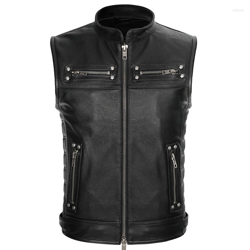 

Men' Vests Cowskin 2023 Leather Rock Punk Vest Black Color Motorcycle Biker Waistcoat Genuine Sleeveless Jackets