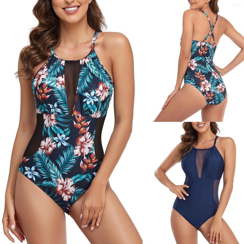 

Women' Swimwear Women' Stitching Swimsuit Mesh One-piece Halterneck Swimwears, Red