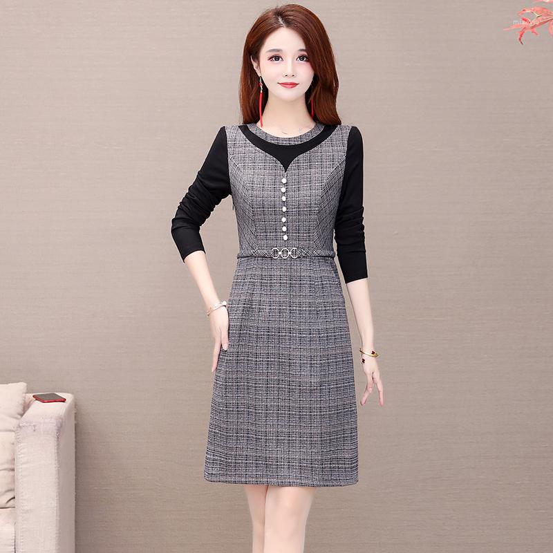 

Casual Dresses 2022 Autumn Women Dress Korean Stitching Fake Two Piece Plus Velvet Warm Woolen Femme Clothing Ladies Top H1095, Gray