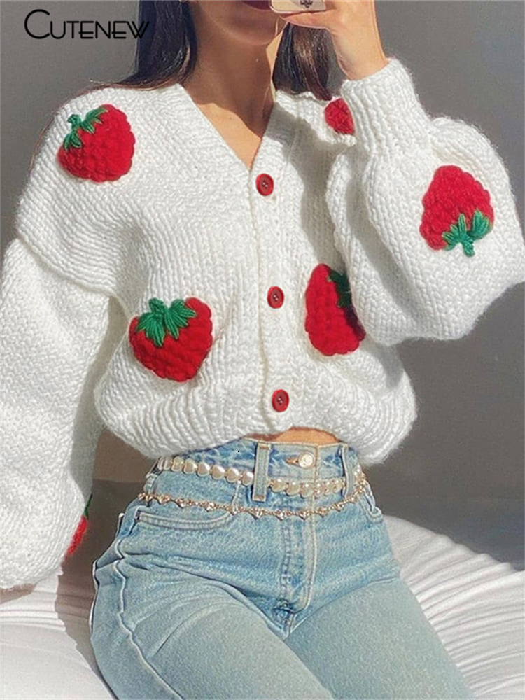 

Women's Knits Tees Cute Strawberry Kintted Long Sleeve Loose Single Breasted Coat Women Autumn Fashion Thicken Warm Cardigan Sweater Streetwear 221207, White