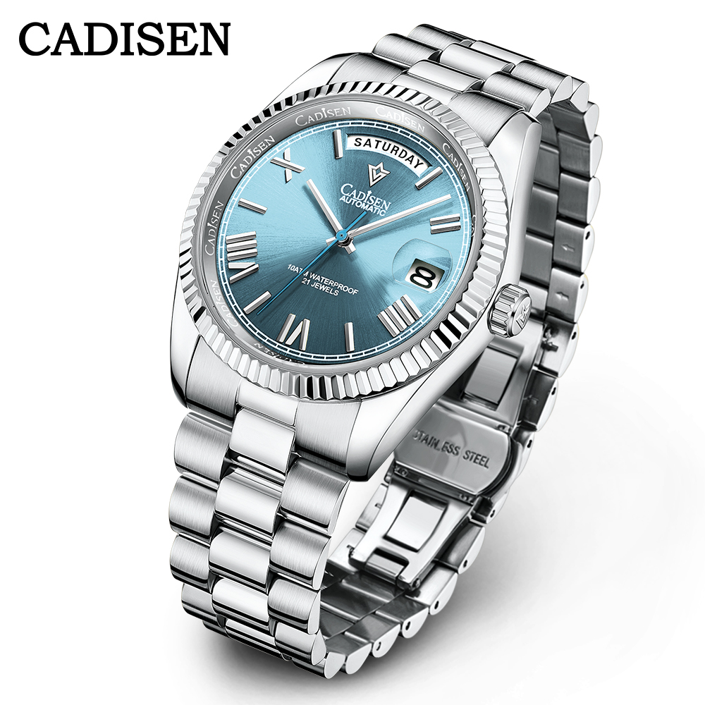 

CADISEN C8185 Ice Blue Dial Watch Men's Japanese Mechanical 8285 Mechanical Automatic week Multi-function Diver waterproof Watch glow-in-the dark stainless