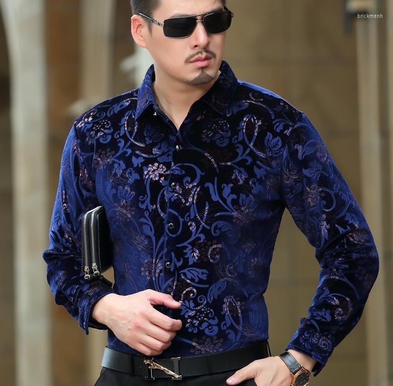 

Men's Dress Shirts BONJEAN Mens Velvet Formal Pattern Black Blue Silk Business Casual Shirt Drop