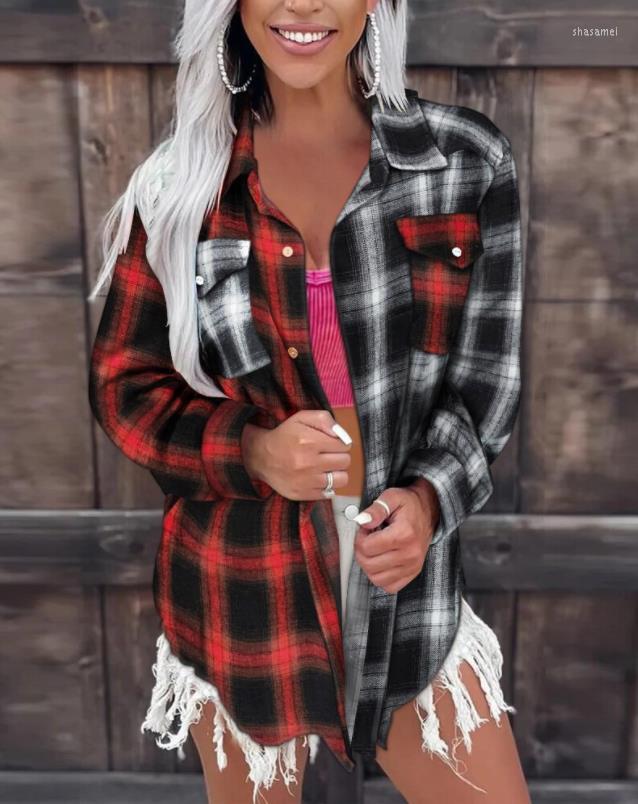 

Women' Blouses Colorblock Plaid Print Button Down Shirt 2022 Fashion Woman Shirts Female Clothing, Auburn