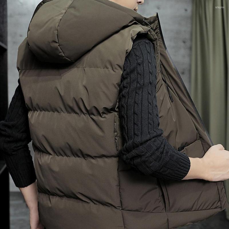 

Men's Vests Autumn Winter Cotton Vest Drawstring Pockets Zipper Placket Slim Fit Jacket Men Solid Color Hooded Thickened Down Waistcoat, Black