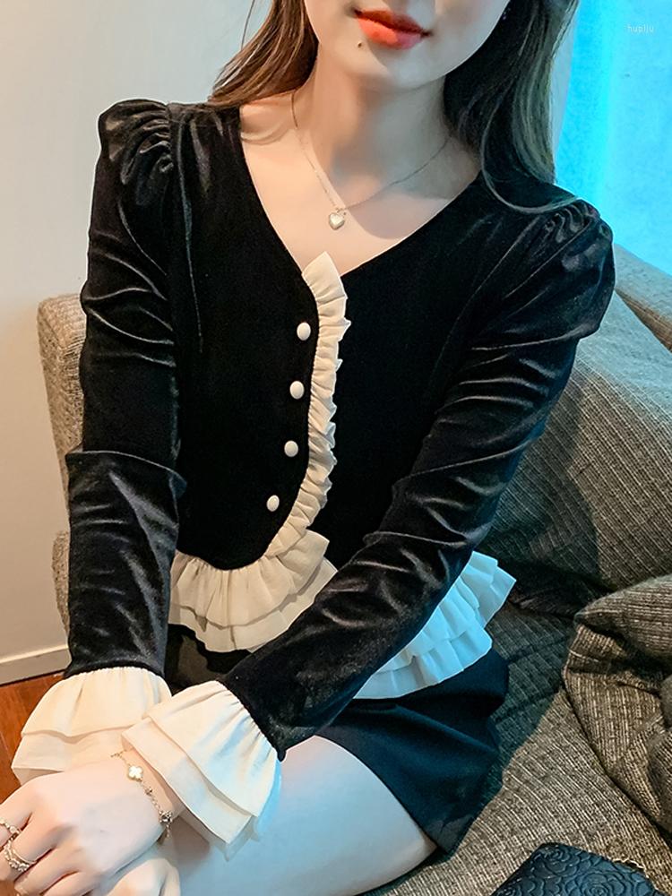 

Women' Blouses Woman Shirt Koresn Fashion V Neck Long Sleeve Ruffles Patchwork Contrast Color All-match Elegant Slim Blusas, Black