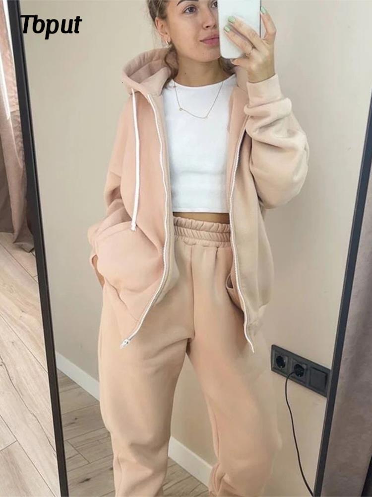 

Women's Two Piece Pants Women Fleece Coat Sets Solid Drawstring Zip Sweatshirt And Straight Trouser Suits Female Casual Warm Sports Outfits 221207, Black
