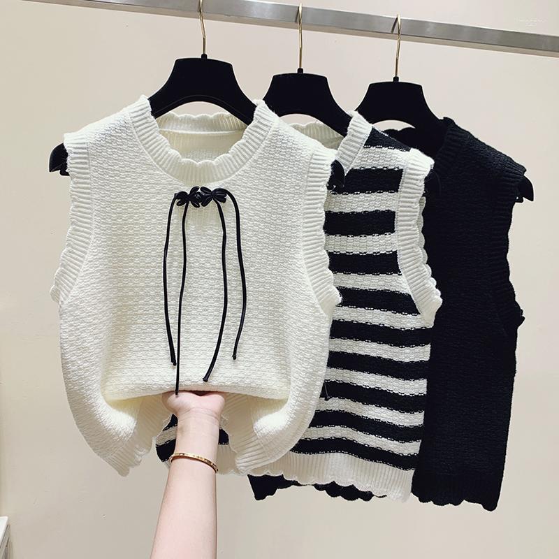 

Women's Vests Autumn Winter Round Neck Knitted Vest Women's Black White Striped Short Lace-up Sleeveless Sweater Waistcoat For Students