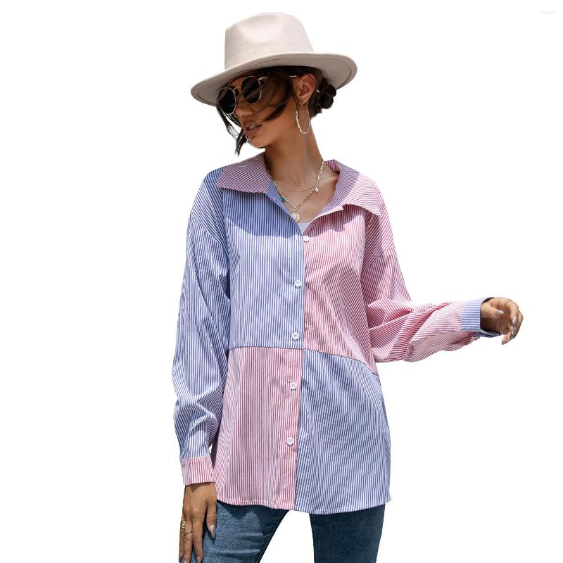 

Women' Blouses Chemise Femme 2022 Autumn And Winter Long Loose Blusas Mujer Cardigan Button Stripe Contrast Stitching Sweet Cute Blouse, Red