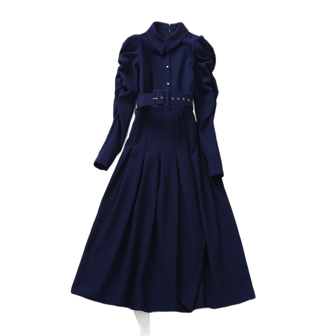 

Polo Collar Bubble Sleeve Personalized Fashion Waist Slim Split Long Dress, Customize