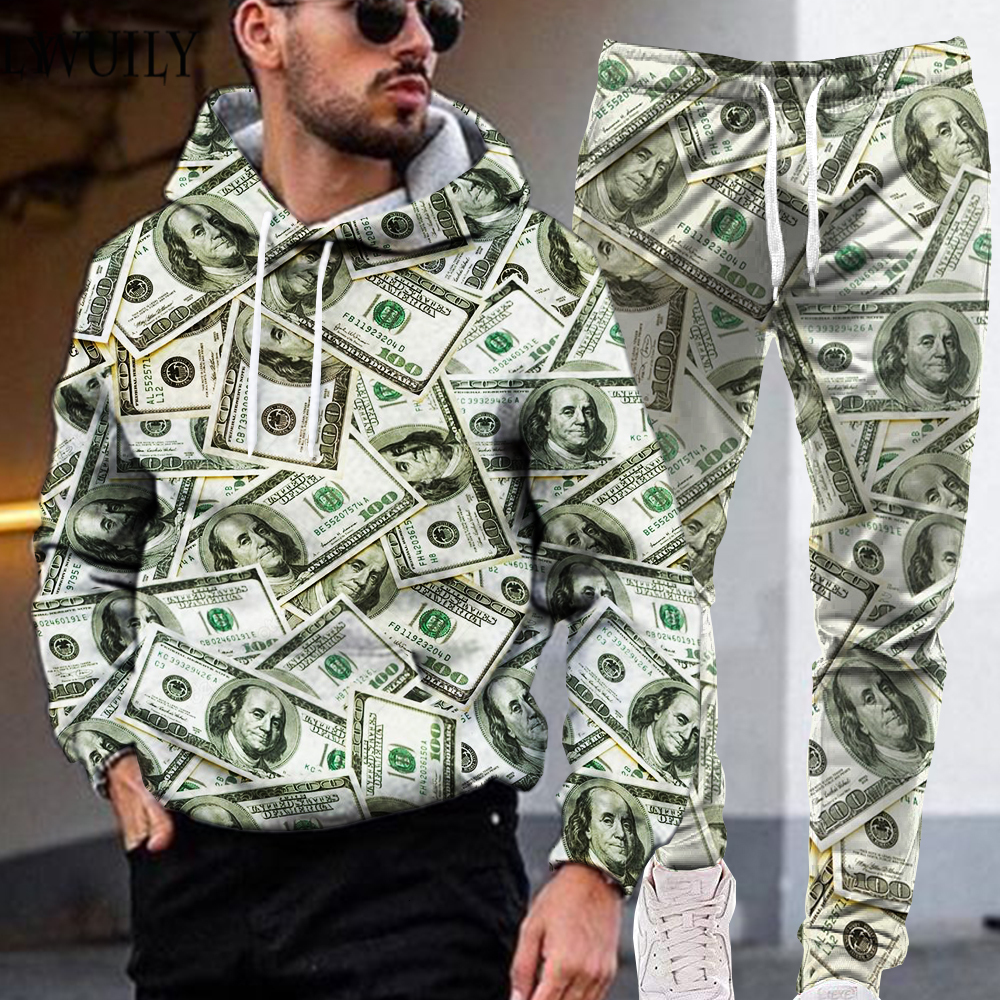 

Men' Tracksuits Dollar Suit Youth Money Graphic Hooded For Men Holiday 3D Print Hoodie Casual Hip Hop Pattern Sweatpants 221207, Graphic 1