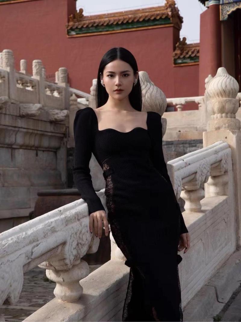 

Casual Dresses 2022 Autumn Fashion Women Lace Patchwork Knitted Long Sleeve Slim Dress For Female Ddxgz2 8.17, Black