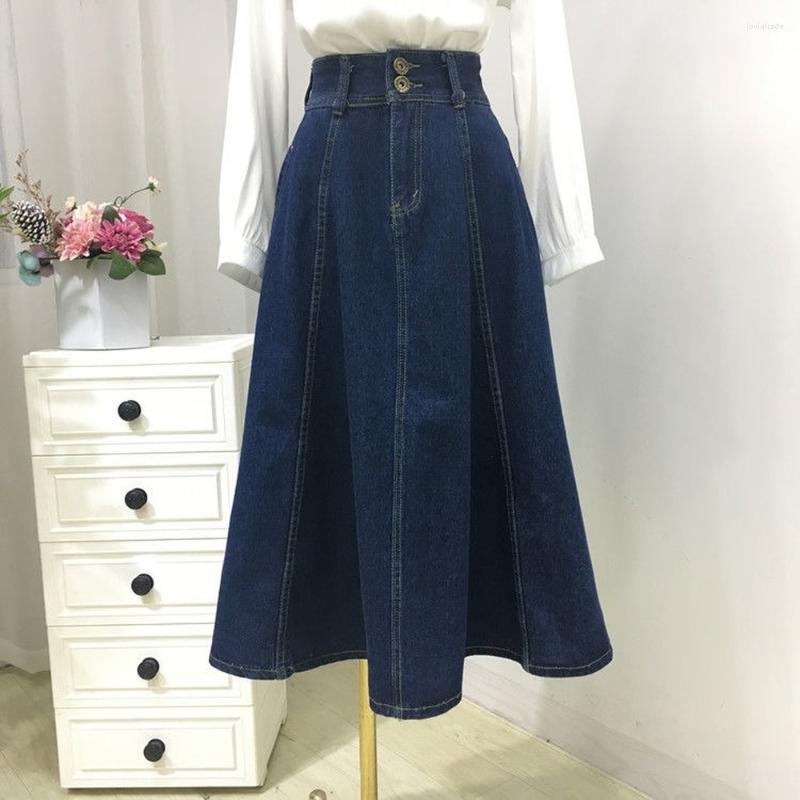 

Skirts Denim Skirt Women Mid-Calf Length Dress Spring Autumn Fashion Female Long Sewing Thread Single Breasted Loose Casual Jeans, Blue