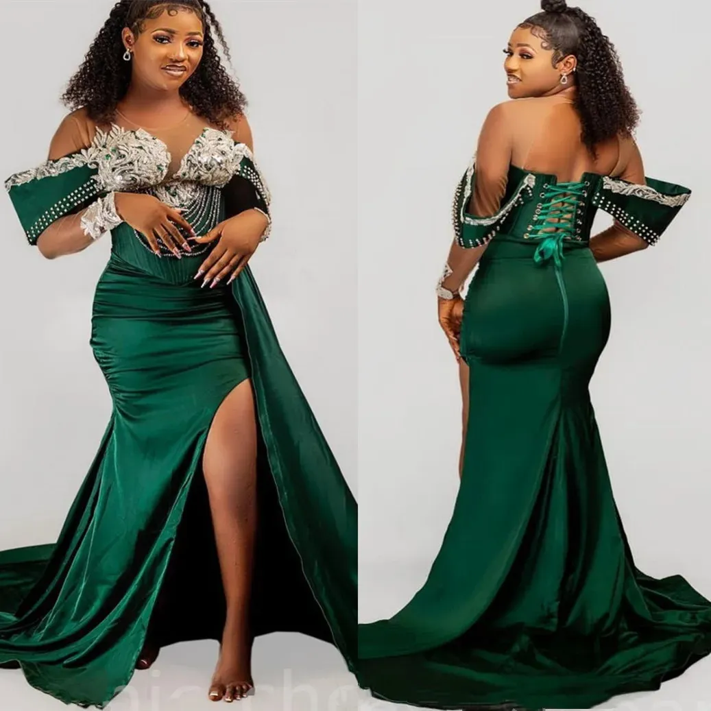 

2023 Dark Green Prom Dresses Mermaid Long Sleeves Side Slit Jewel Neck Ruffles Lace Applique Custom Made Ruched Evening Party Gowns vestidos Formal Occasion Wear, Hunter green