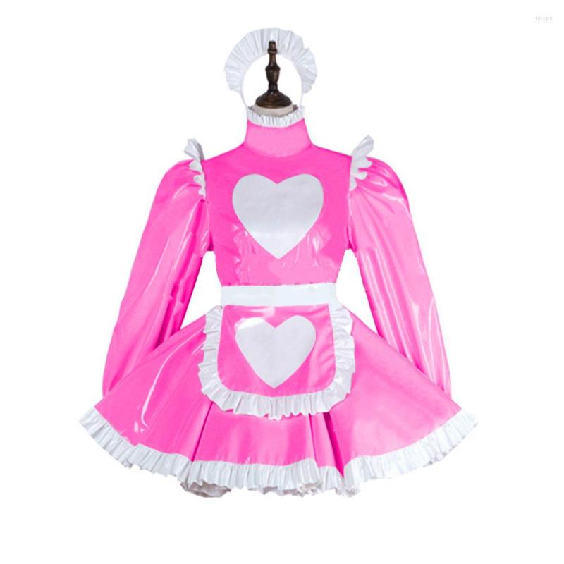 

Sexy Costumes Long Sleeve Cute Lolita Dress French Maid PVC Lockable Uniform Sweet Sissy Cosplay Costume With Apron S-7XL, Beige