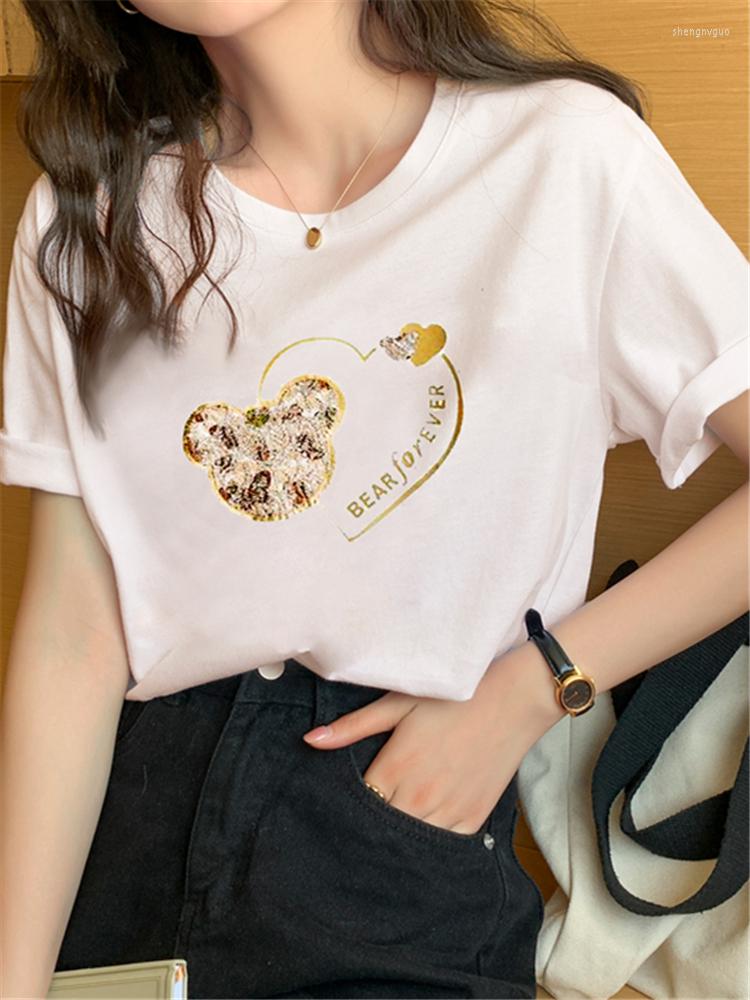 

Women' T Shirts Summer Bear Letter Printing Women' T-Shirts 2022 Cotton Short Sleeve O-Neck Bottoming Casual Loose Chic Tops Female, Black
