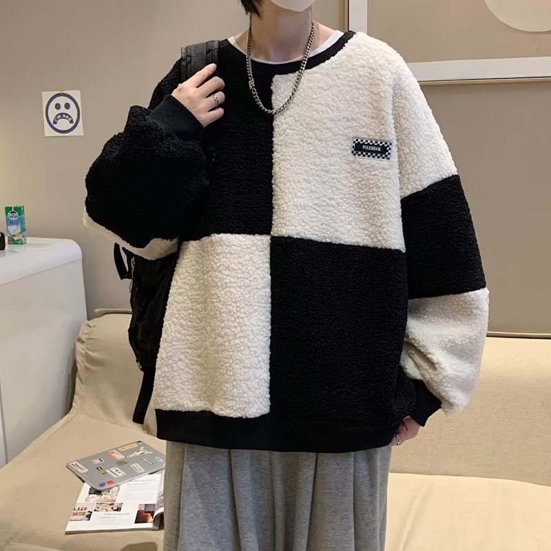

Mens Hoodies Sweatshirts Harajuku Patchwork Man Lamb Hair ONeck Long Sleeve Pullover Korean Fashion Clothing Couple 221207, Bk