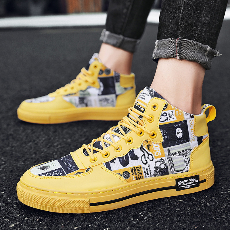 

Dress Shoes Fashion Graffiti Printed Skateboard Men s High top Men Sports Sneakers Platform Women Trainers Skate Running Casual 221207, Yellow
