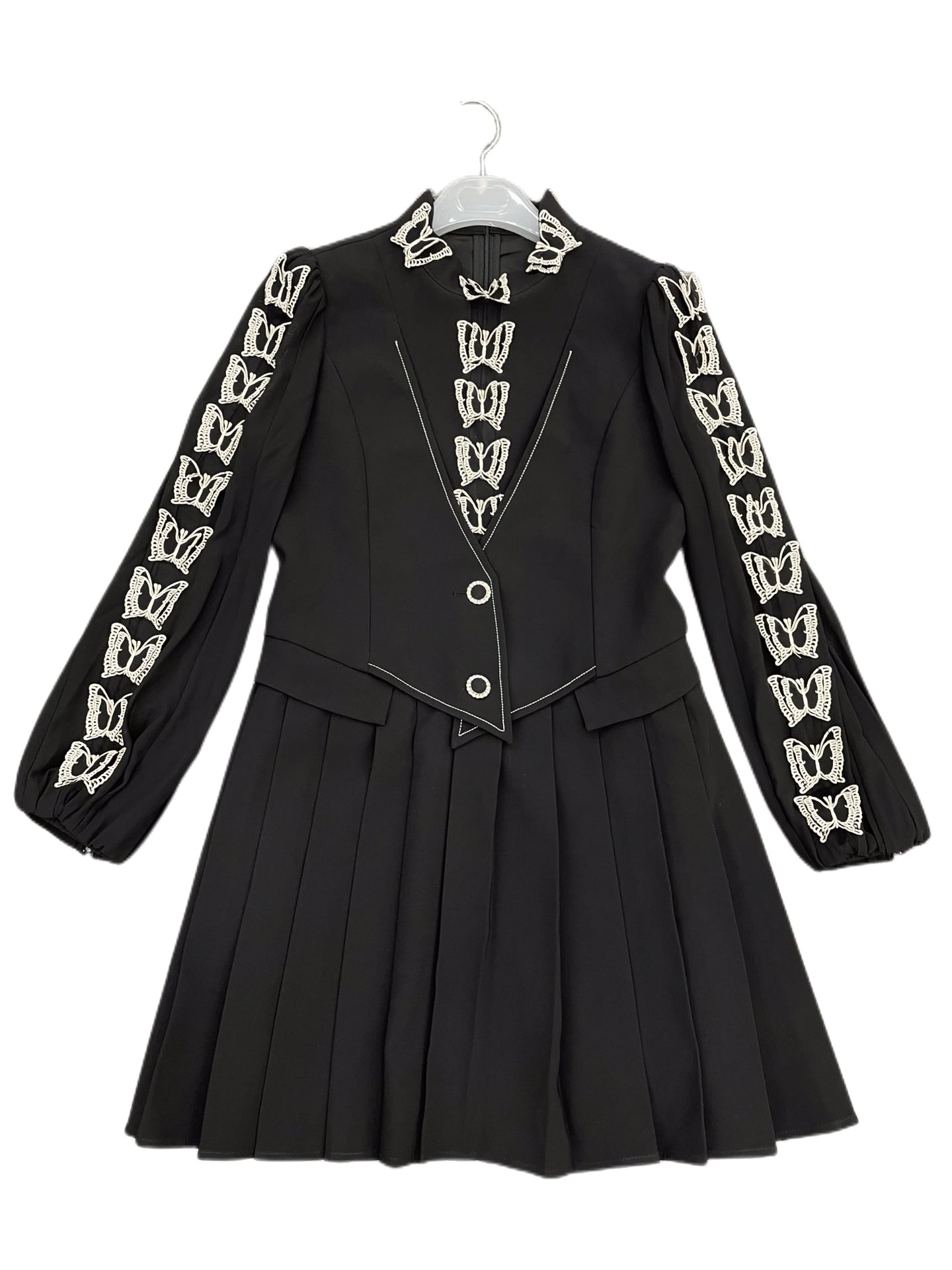 

New style luxury celebrities fake two pieces of heavy industry embroidered butterfly pleated sweet dress with retro temperament, Black