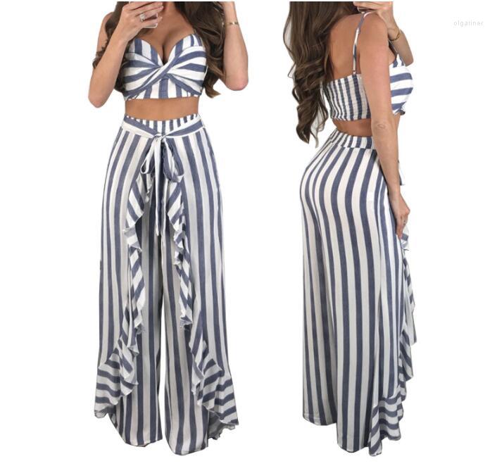 

Women' Tracksuits 2 Piece Set Women Irregular Striped Patchwork Ruffles Crop Top Pants Summer Sexy Beach Strapless Short Tee Wide Leg Femal, Blue