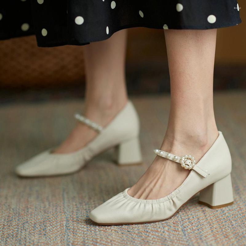 

Dress Shoes EshtonShero Women Square High Heels Lady Sexy Wedding Bridal Mary Janes Party Pumps Female String Bead Spring Ladies Brown, Beige