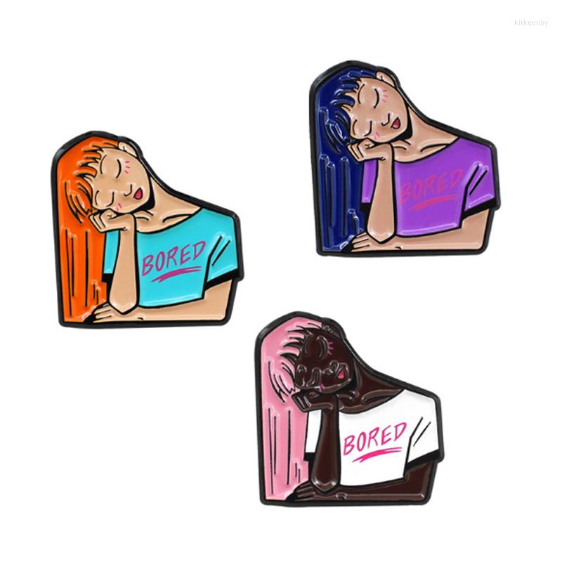 

Brooches Fashion Sleeping Girl Enamel Pins BORED Lady 3 Color For Backpack Bag Badges Demin Jacket Clothes Woman Gift