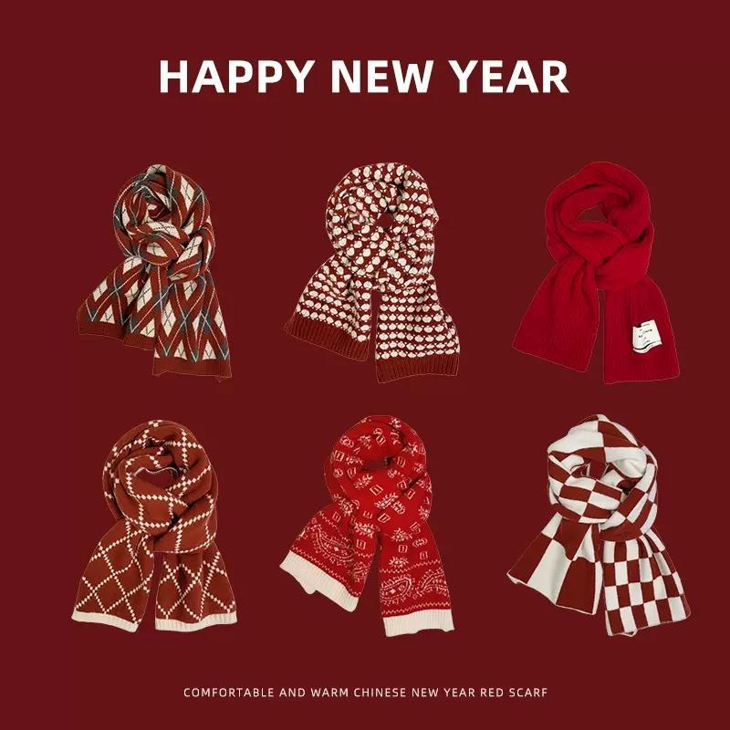 

Red New Year's Scarf Winter Christmas Knitting Grid Keep Warm Scarves for Women