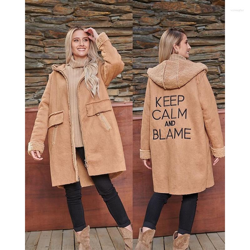 

Women' Down 2022 Autumn And Winter Long Hooded Sleeve Pocket Embroidered Lamb Fur Women' Coat, Black