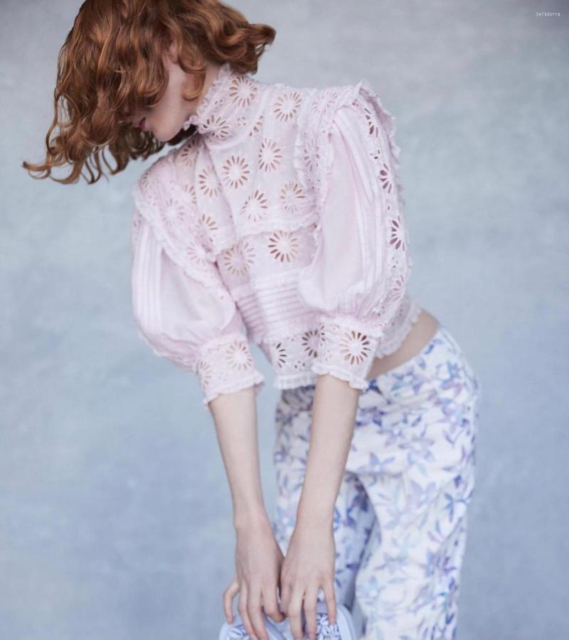 

Women's Blouses Lvydala Lady Three Quarter Sleeve Stand Neck Embroidery Hollow Out Cotton Blouse, Pink