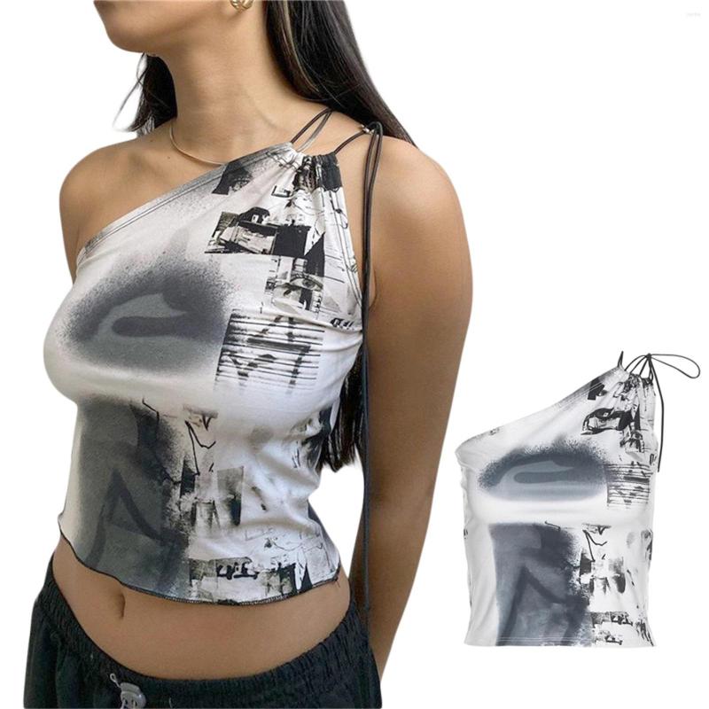 

Women' Tanks Summer Fashion Wild Tank Tops Abstract Printed Tie-Up Vests Oblique One Shoulder Female Sexy Slim-fit Bottoming, Black