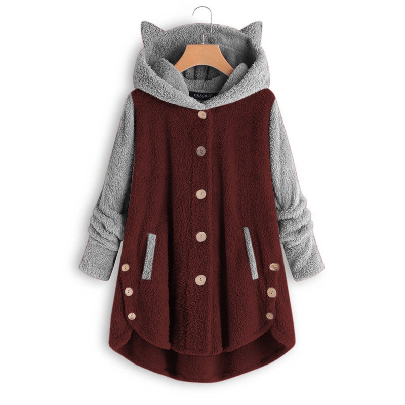 

Women' Hoodies Sweatshirts Fashion Cute Cat Women Winter Warm Hooded Tops Loose Soft Patchwork Coat Lady Pajamas Harajuku 221207, Wine