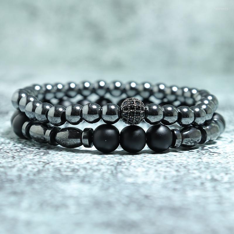 

Strand 2pcs/Pair Men Bracelet Natural 6mm Hematite Stone 8mm Onyx Beaded Braclet Boy Charm Zirconia Braslet Present Pulseira Masculina